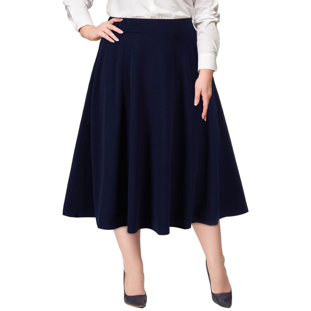 1040 Plus Size Midi Skirt High Elastic Waist A-Line Flared Skater Skirts